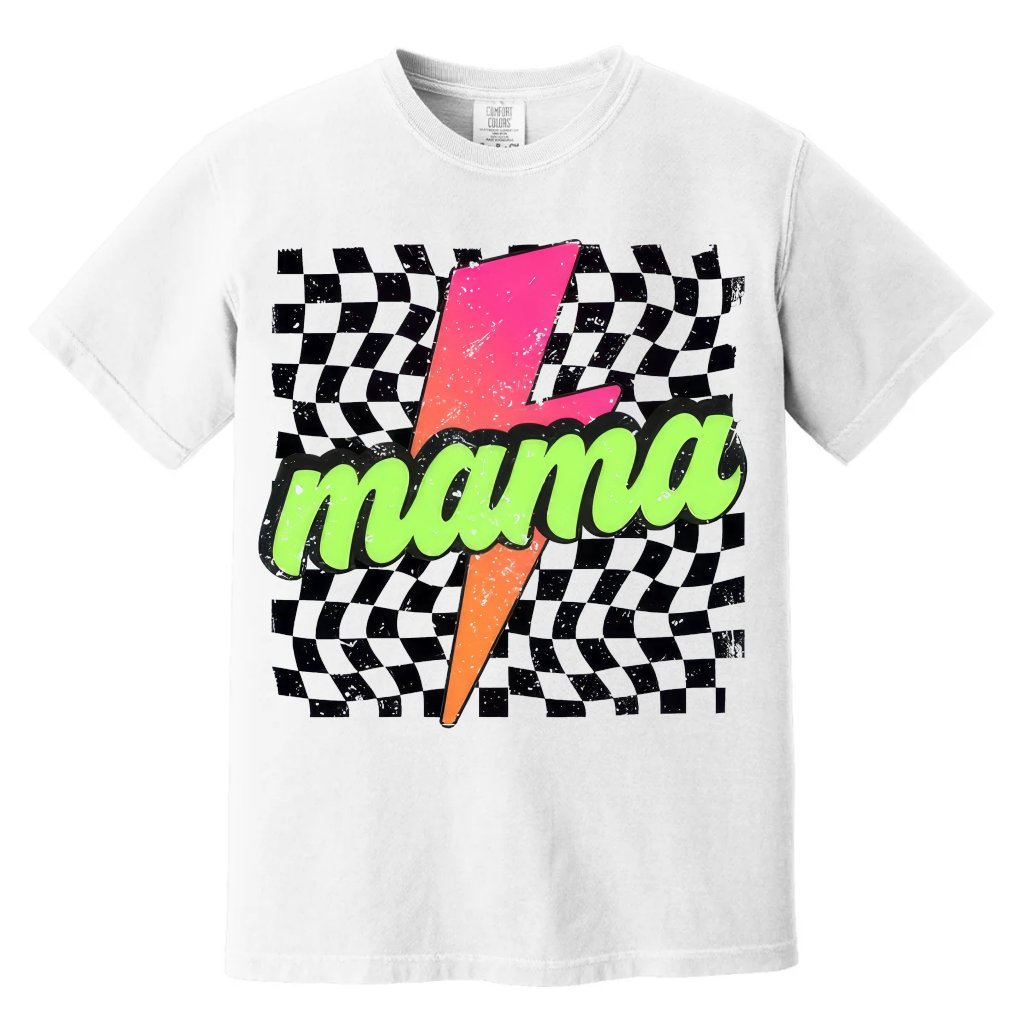 Retro Checkered Mama Comfort Colors - Mama Lightning Shirt - Perfect Mother's Day Gift for women - front view