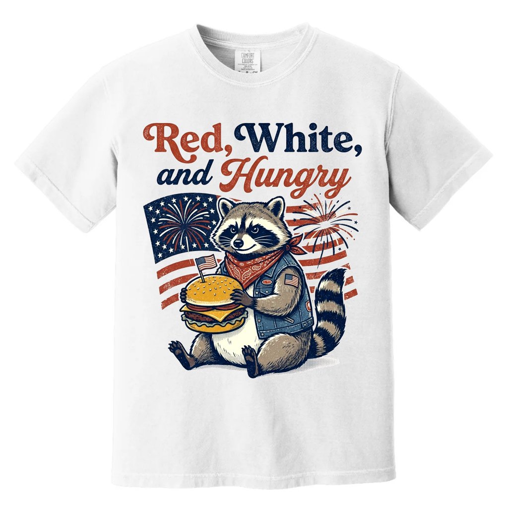 Red White & Hungry Patriotic USA Raccoon Comfort Color Shirt - Cute 4th of July American Gift for Raccoon Lovers - front view
