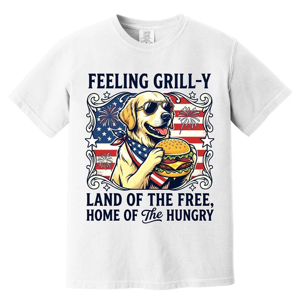 Comfort Colors Land of The Free Patriotic USA Golden Retriever Dog Shirt - Cute Golden 4th of July America Flag Gift for Dog Lovers - front view