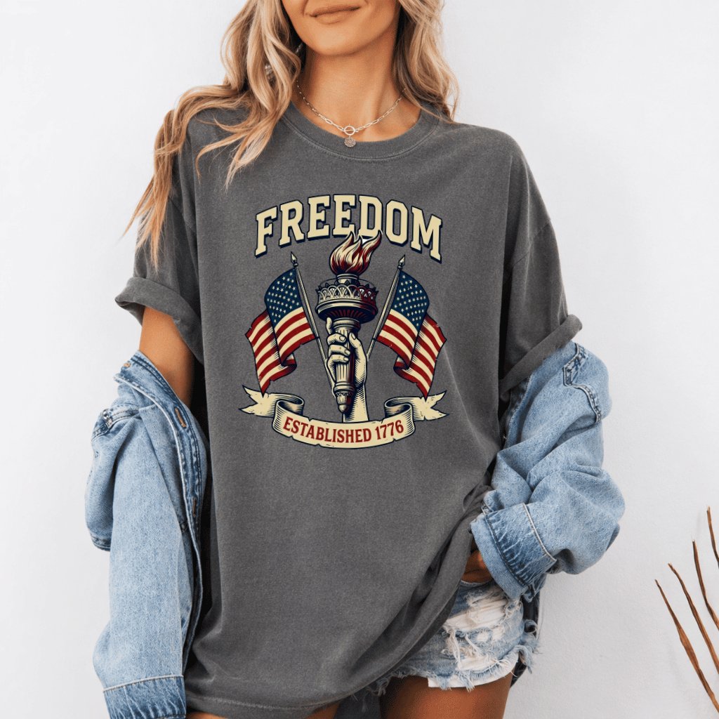 Comfort Colors Freedom Est 1776 Patriotic USA Flag Shirt - Freedom American Independence Day Gift for men & women - back view