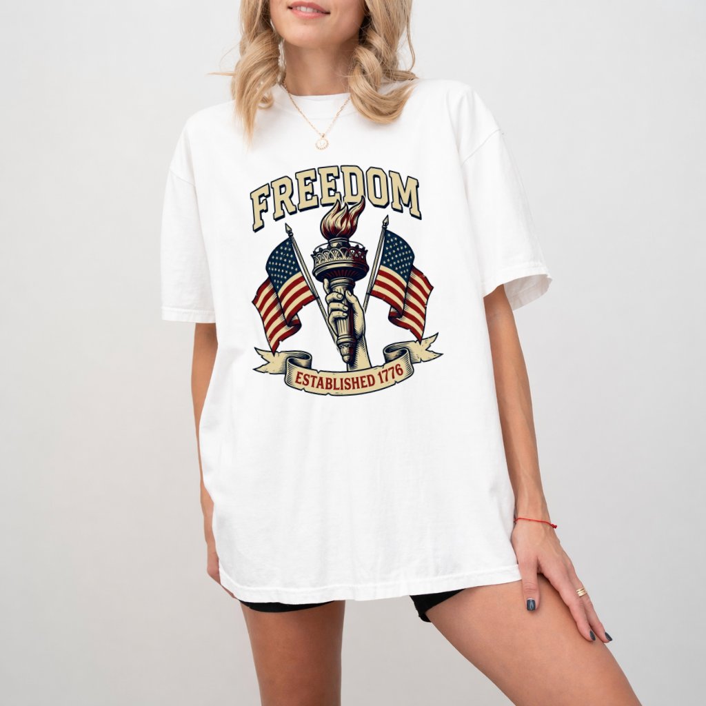 Comfort Colors Freedom Est 1776 Patriotic USA Flag Shirt - Freedom American Independence Day Gift for men & women - detail view