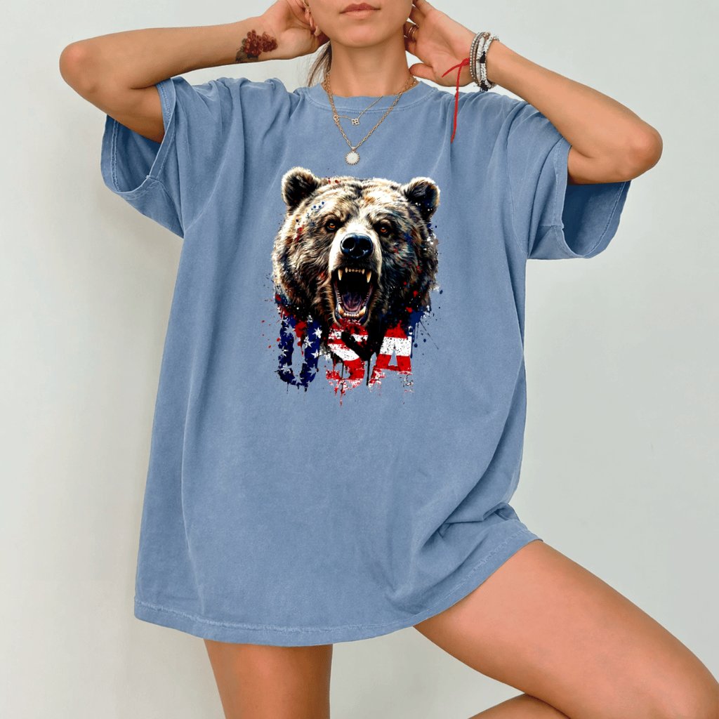 Comfort Colors Retro USA Flag American Bear Shirt - Cool Men's 4th of July Gift for Bear Lovers - detail view