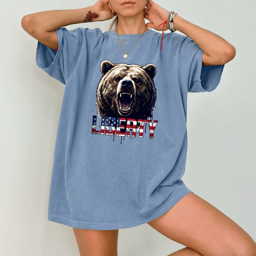 Comfort Colors Liberty Patriotic Bear American Flag Shirt - Cool 4th of July Independence Day Gift for Bear Lovers - detail view