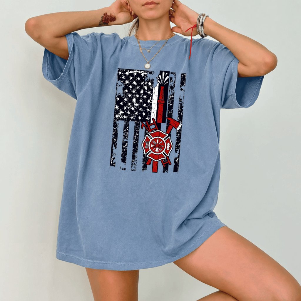 Comfort Colors Firefighter American Flag Shirt - 4th of July Thin Red Line Firefighter Shirt - Ideal USA Independence Day Gift for Fireman - back view
