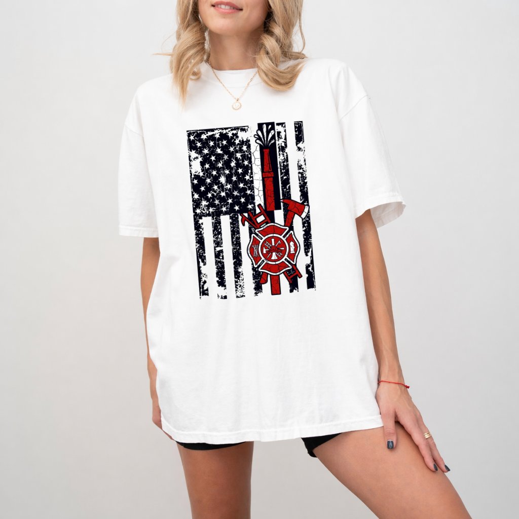 Comfort Colors Firefighter American Flag Shirt - 4th of July Thin Red Line Firefighter Shirt - Ideal USA Independence Day Gift for Fireman - detail view