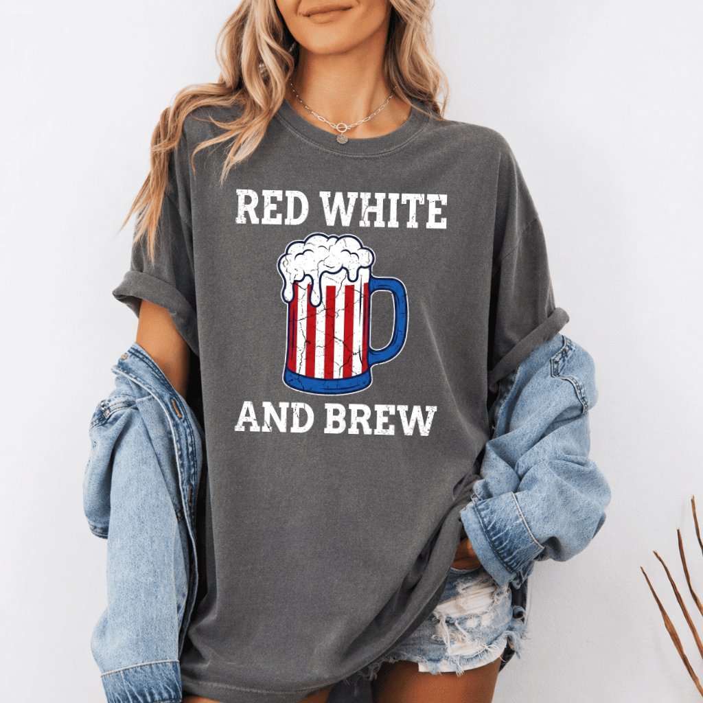 Red White And Brew American Beer Comfort Colors Shirt - Funny 4th of July Drinking Gift for Beer Lovers - detail view