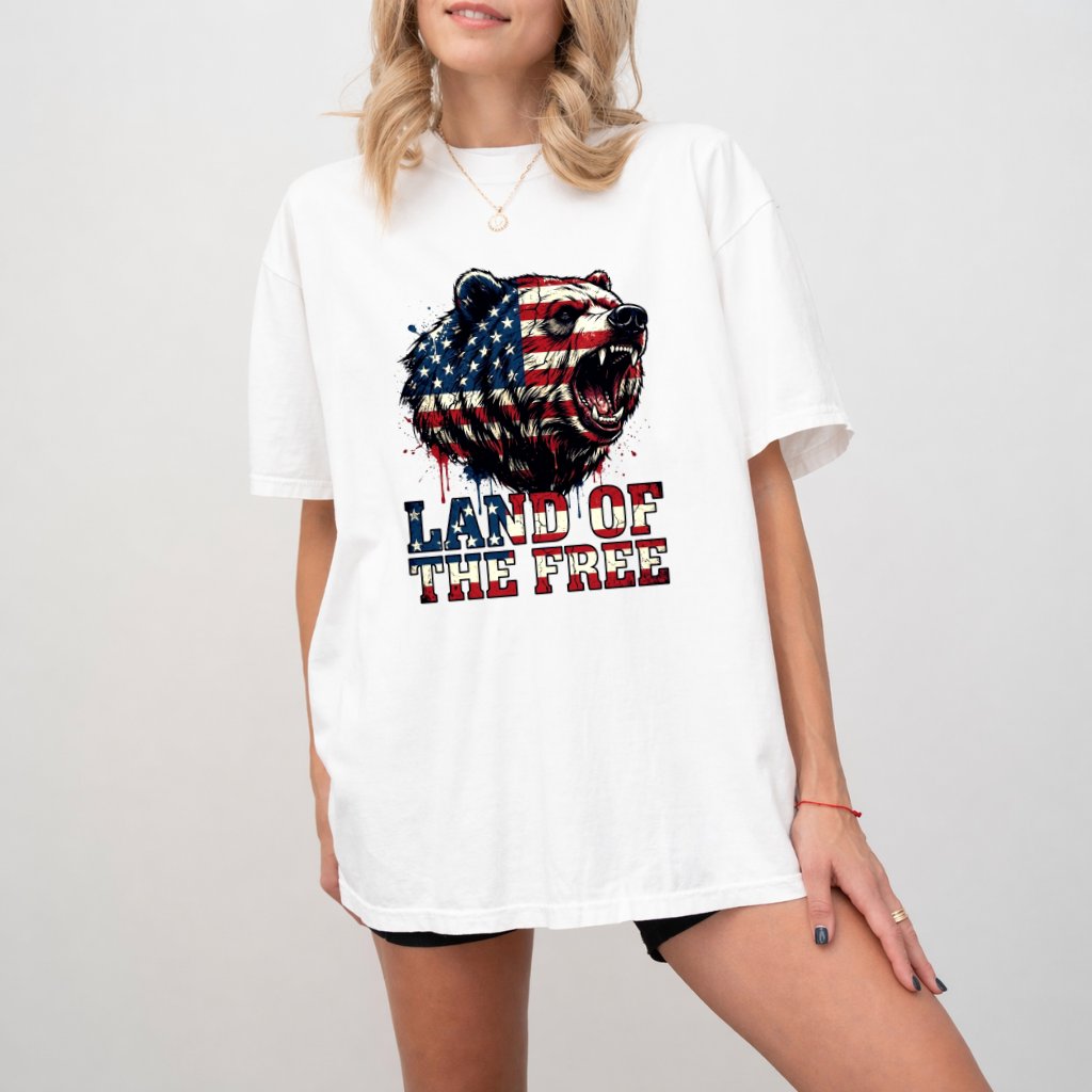 Comfort Colors Retro Land of The Free Patriotic American Bear Shirt - Cool 4th of July USA Flag Shirt - Perfect Independence Day Gift for men women - back view