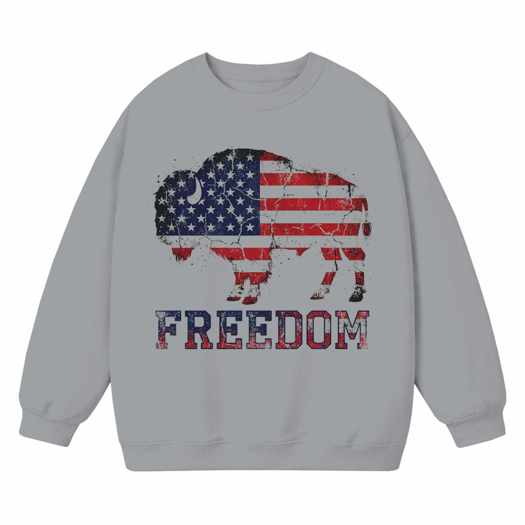 Retro Freedom USA Patriotic Buffalo Sweatshirt - Freedom 4th of July USA Flag Shirt - Perfect Independence Day Gift for Buffalo Lovers - front view