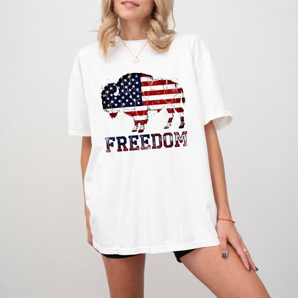 Comfort Colors Retro Freedom USA Patriotic Buffalo Shirt - Freedom 4th of July USA Flag Shirt - Perfect Independence Day Gift for Buffalo Lovers - back view