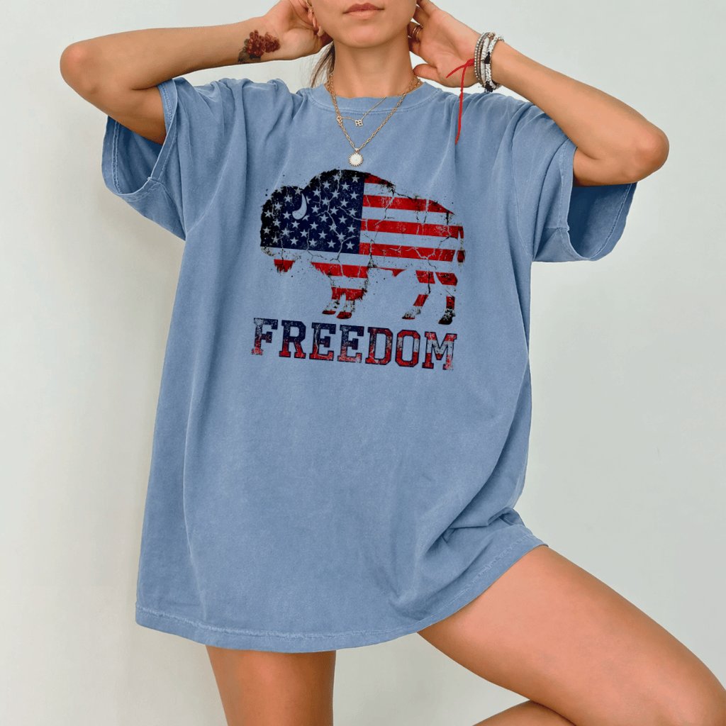 Comfort Colors Retro Freedom USA Patriotic Buffalo Shirt - Freedom 4th of July USA Flag Shirt - Perfect Independence Day Gift for Buffalo Lovers - detail view