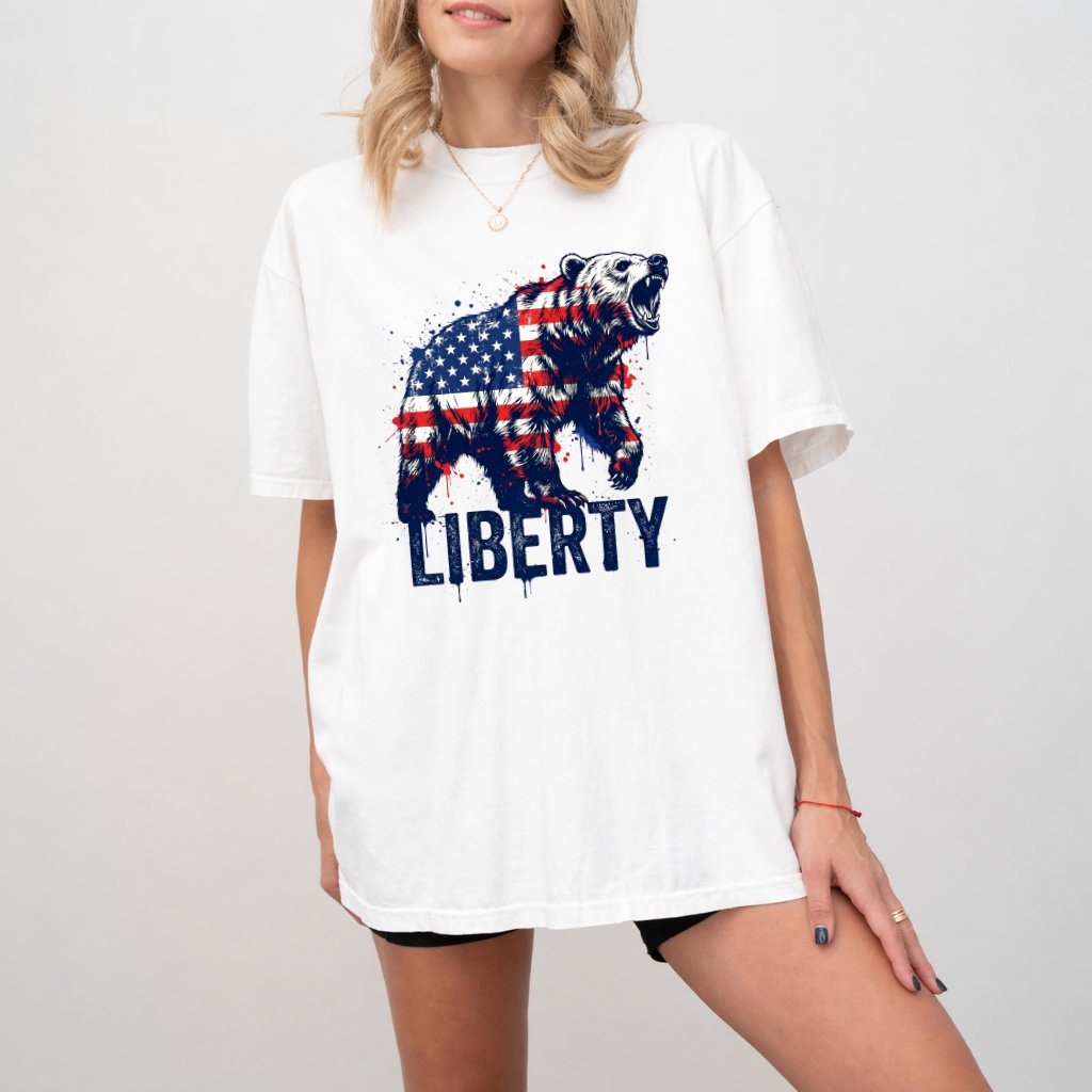 Liberty American Bear Comfort Colors Shirt - Crazy USA Flag Bear Shirt - Perfect USA Independence Day Gift for men and women - detail view