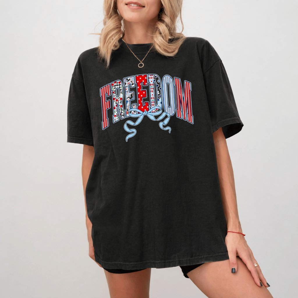 Comfort Colors Red White Blue Stripes and Coquette Bow USA Freedom Shirt - Cute Patriotic Freedom Gift for women - back view