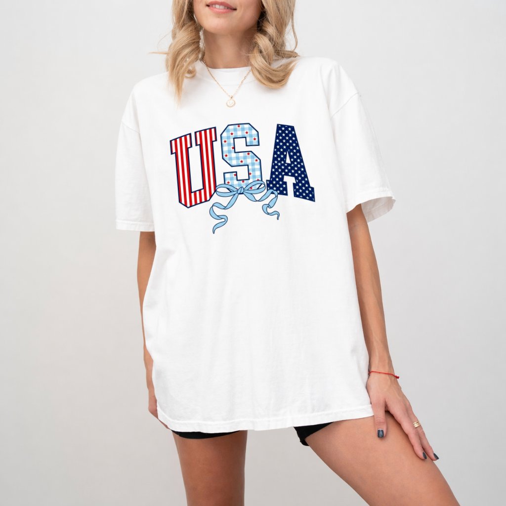 Red White Blue Stripes and Coquette Bow USA Comfort Colors Shirt - Cute USA Patriotic Gift for women - back view