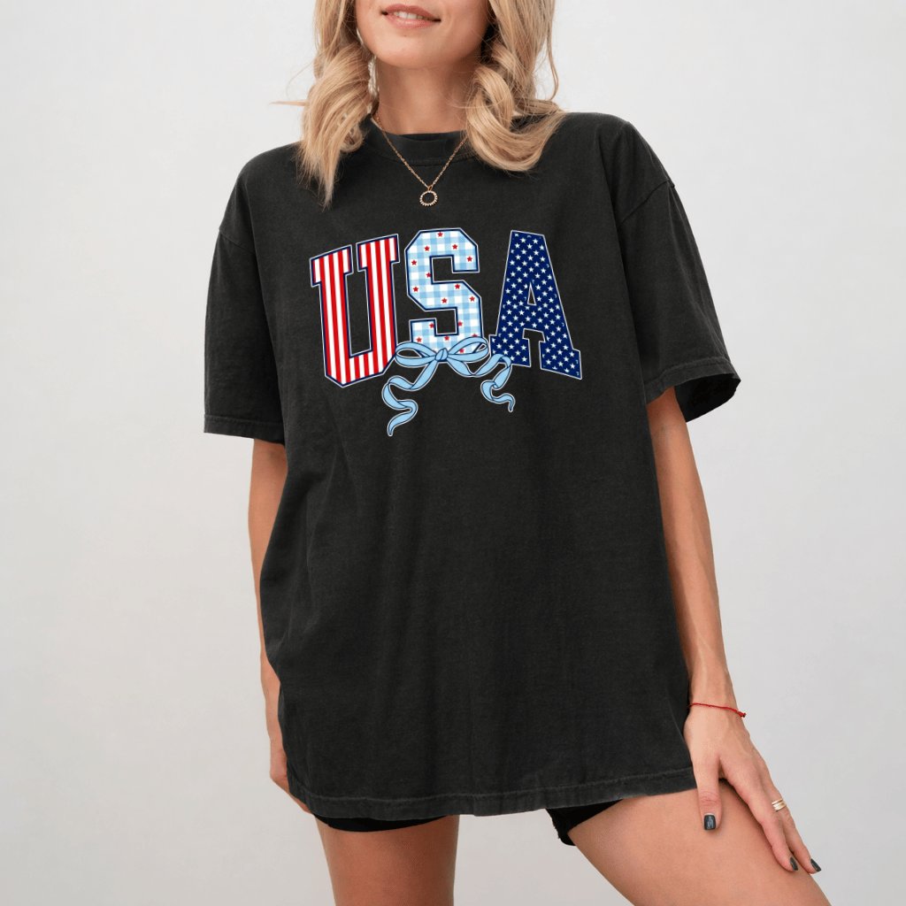 Red White Blue Stripes and Coquette Bow USA Comfort Colors Shirt - Cute USA Patriotic Gift for women - detail view