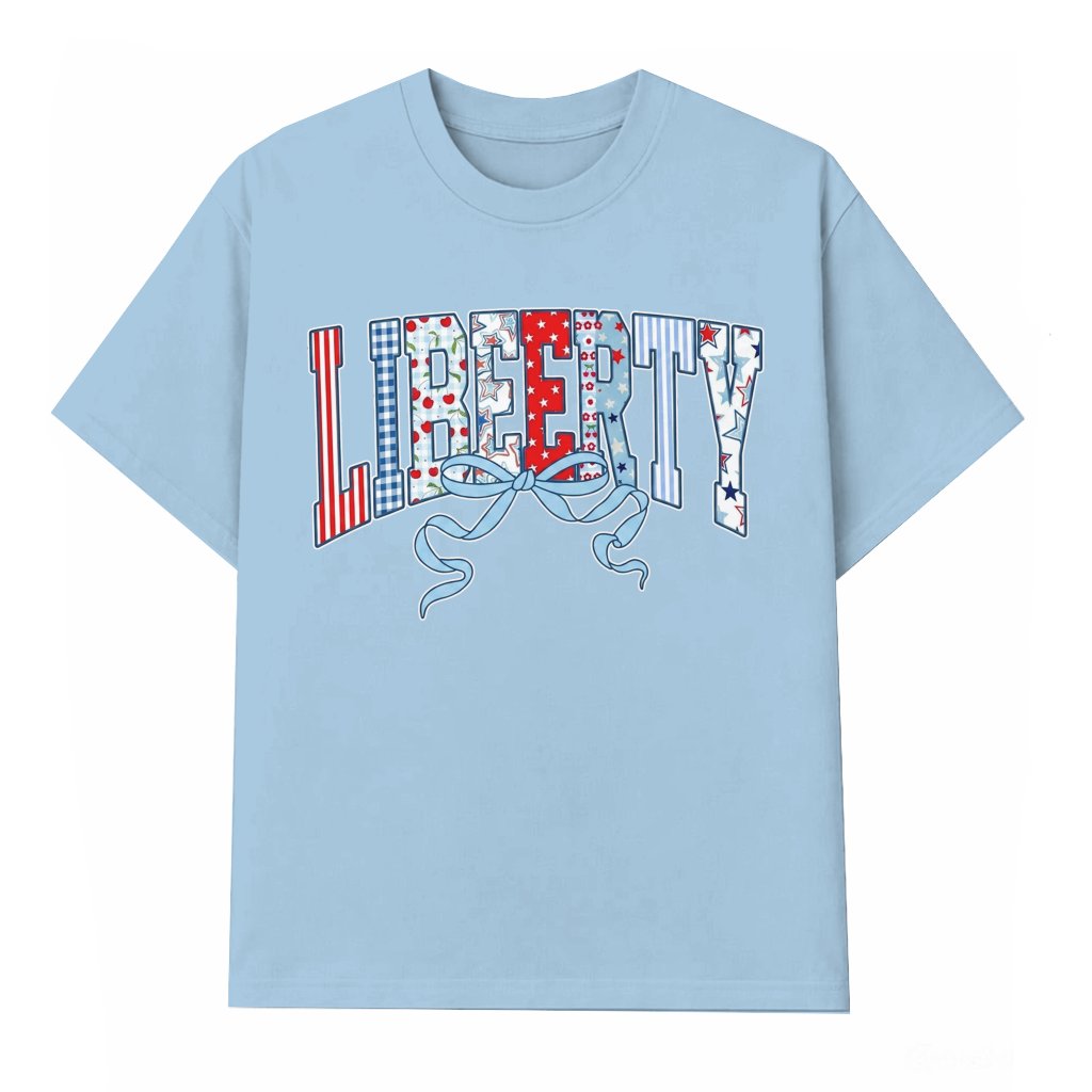 Star & Stripes Coquette Liberty T-shirt - Cute USA Flag Liberty Shirt - Funny 4th of July Patriotic Gift for women - front view