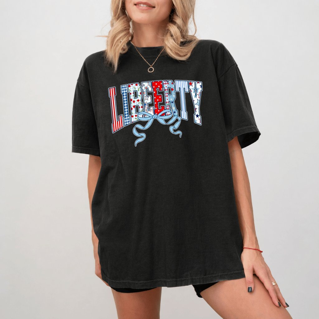 Star & Stripes Coquette Liberty Comfort Colors Shirt - Cute USA Flag Liberty Shirt - Funny 4th of July Patriotic Gift for women - detail view