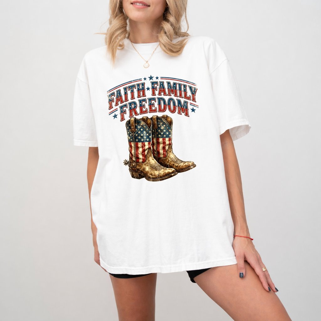 Faith Family Freedom USA Flag Boots Comfort Colors Shirt - Cool Patriotic American Independence Day Gift for women - back view