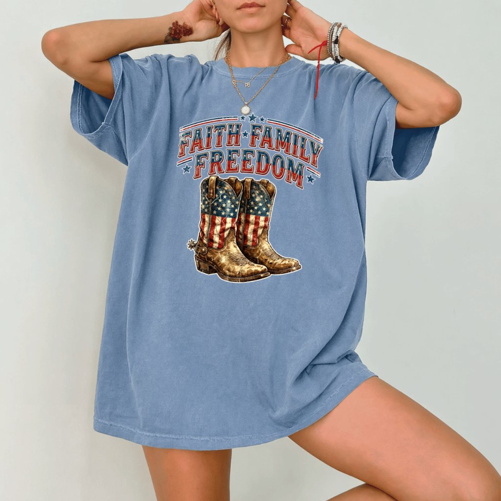 Faith Family Freedom USA Flag Boots Comfort Colors Shirt - Cool Patriotic American Independence Day Gift for women - detail view
