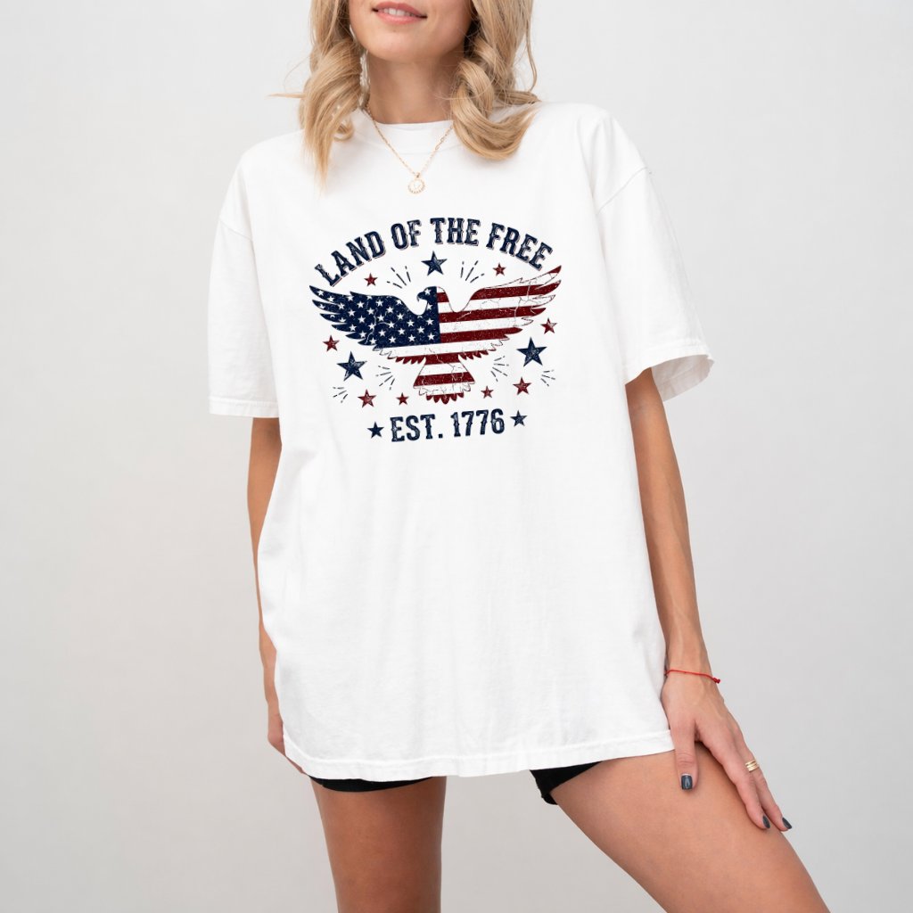 Comfort Colors Land of the Free est 1776 USA Patriotic Eagle Shirt - Perfect America 4th of July Gift for women - back view