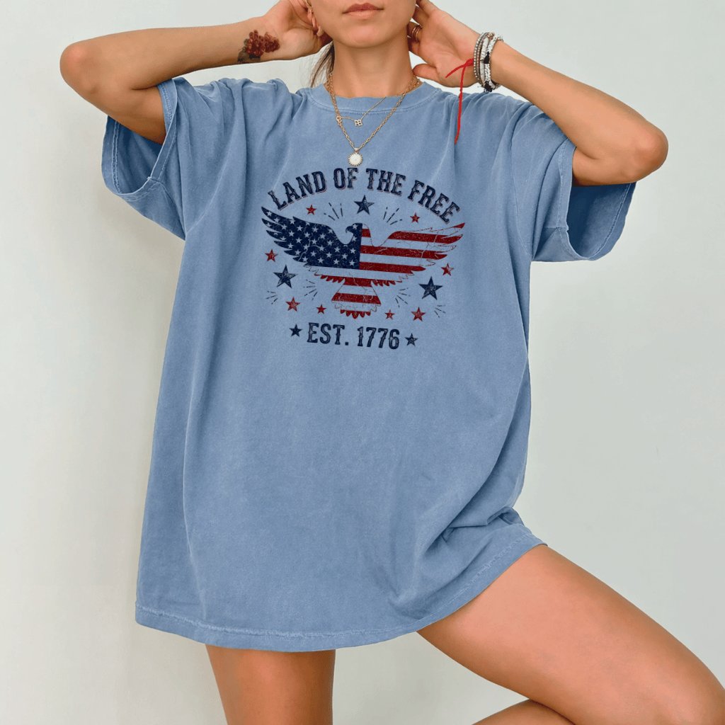 Comfort Colors Land of the Free est 1776 USA Patriotic Eagle Shirt - Perfect America 4th of July Gift for women - detail view