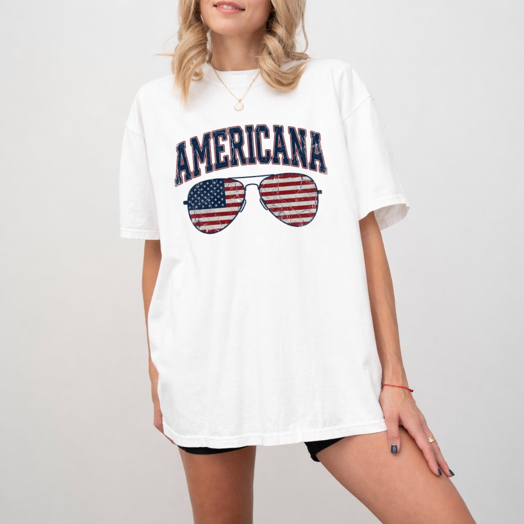 Comfort Colors Americana USA Flag Sunglasses Shirt - Cool 4th of July American Independence Day Gift for men & women - detail view