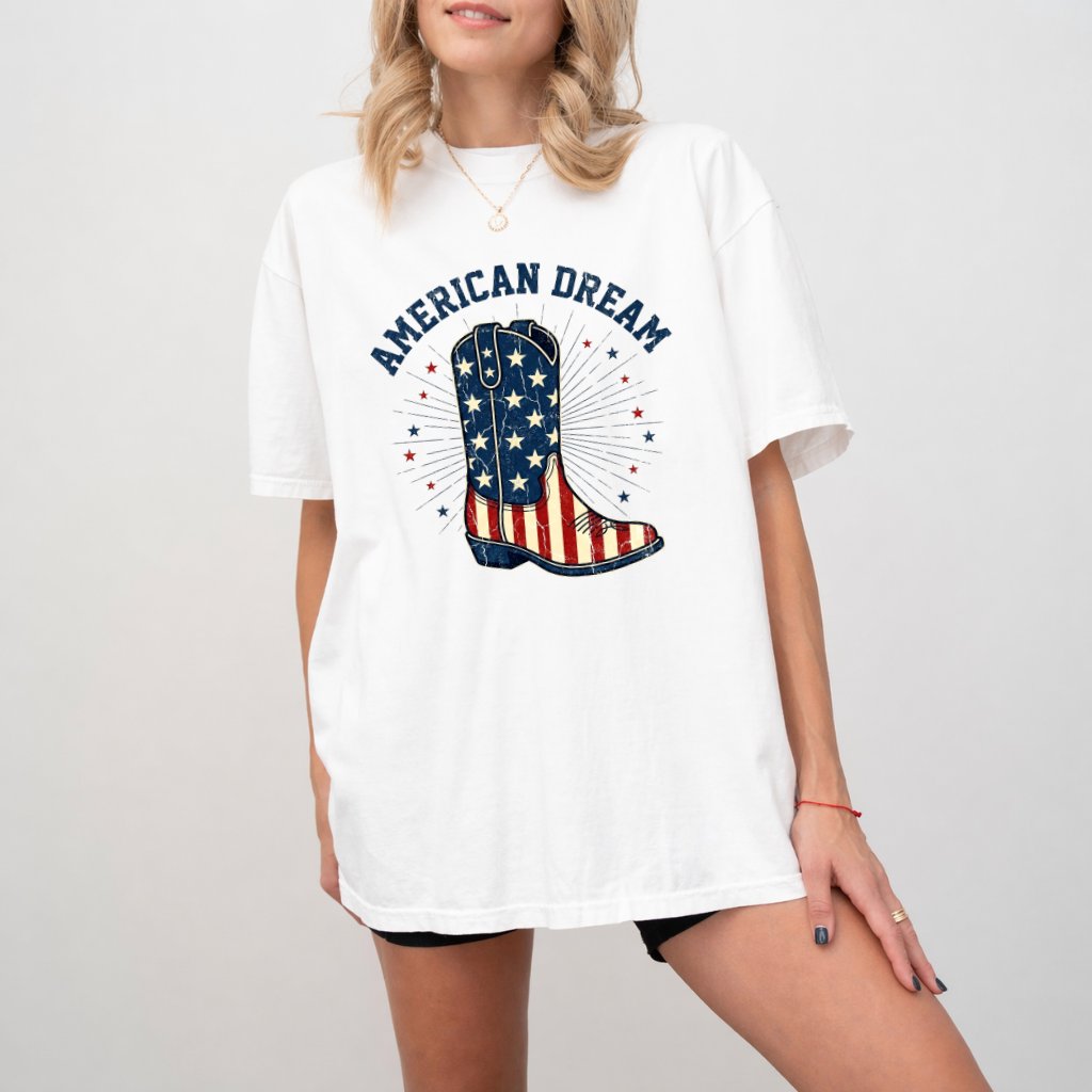 Comfort Colors American Dream USA Flag Boots Shirt - Funny 4th of July Independence Day Gift for women, cowgirl lovers - back view