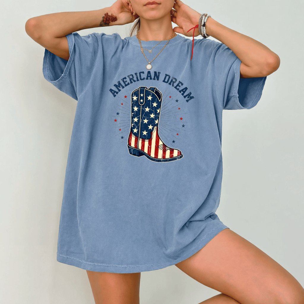 Comfort Colors American Dream USA Flag Boots Shirt - Funny 4th of July Independence Day Gift for women, cowgirl lovers - detail view