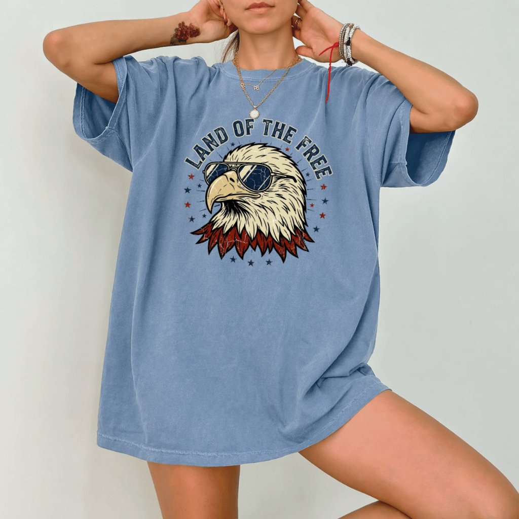 Comfort Colors Land of the Free USA Patriotic Eagle Shirt - Funny 4th of July Patriot Gift for men women - detail view