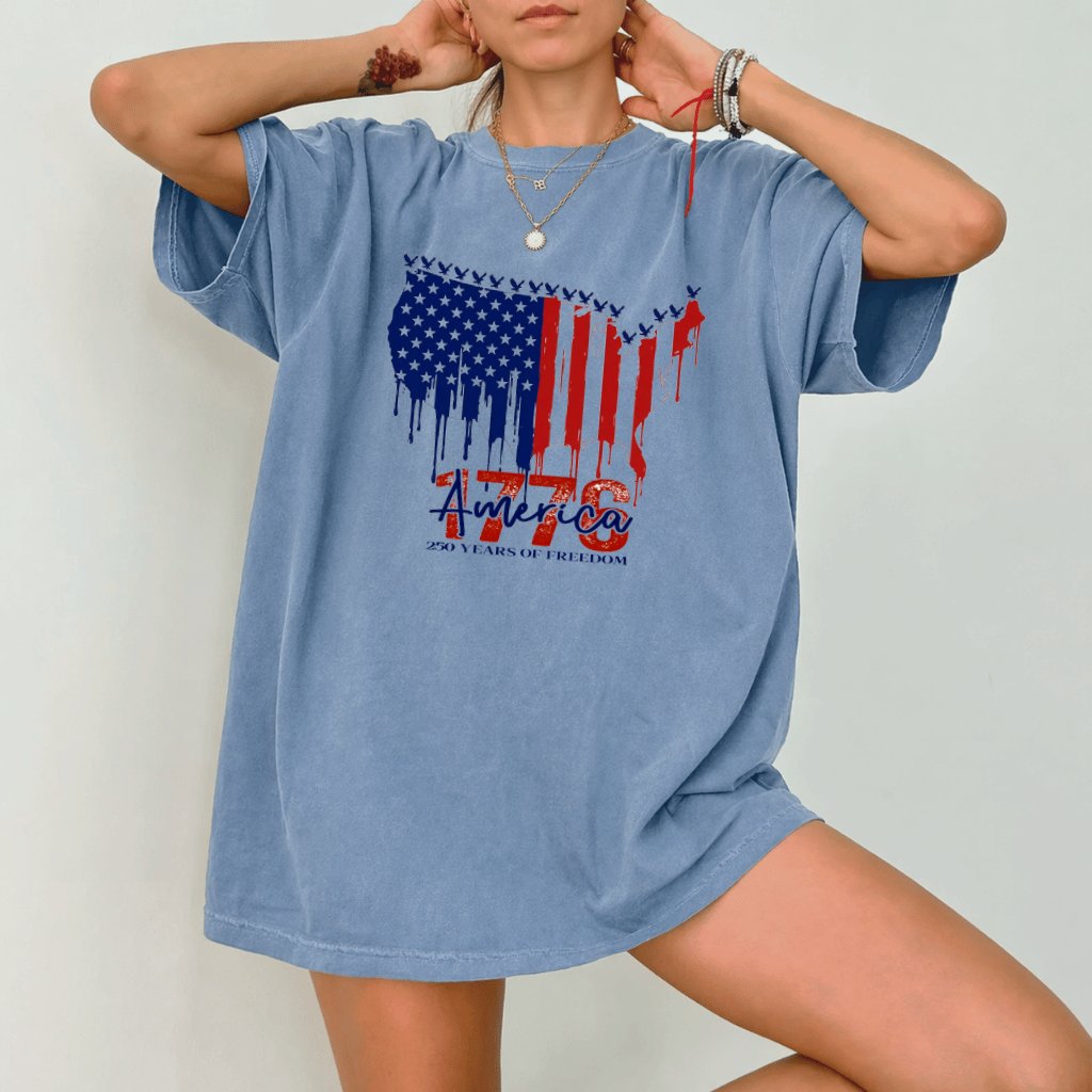 Comfort Colors 1776 America 250 Years of Freedom Shirt - Patriotic America Map Shirt - USA Independence Day Gift for men and women - detail view
