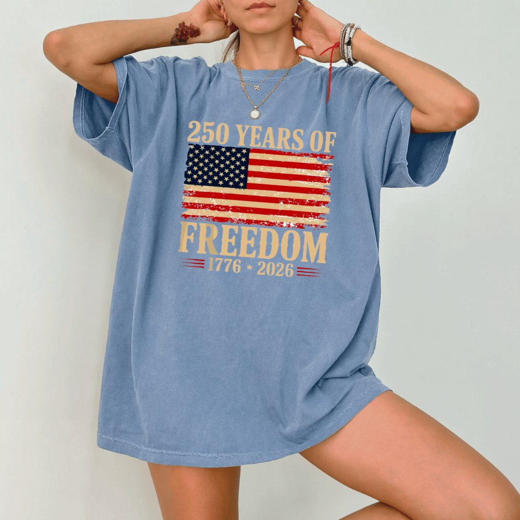 Comfort Colors Patriotic American Flag 250 Years of Freedom Shirt - United States 250th Anniversary Gift for men women - detail view