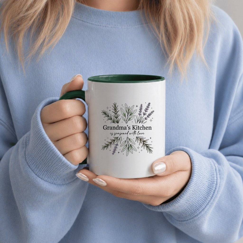 Grandma's Kitchen Is Seasoned With Love Accent Mug - Minimalist Herbal Garden Gift for Grandma - detail view
