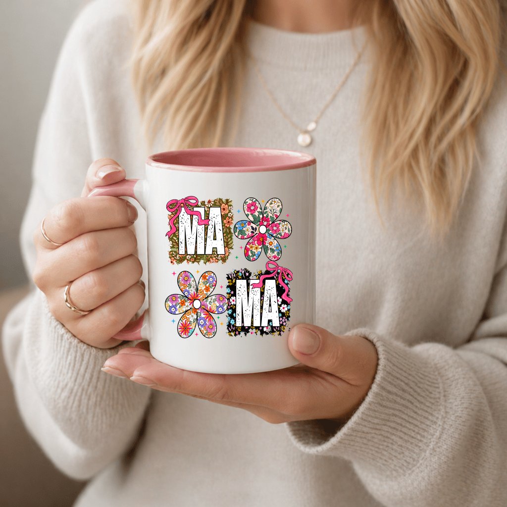 Groovy Floral Coquette Bow Mama Accent Mug - Mama's Garden Mug - Cute Garden Gift for Mom - back view