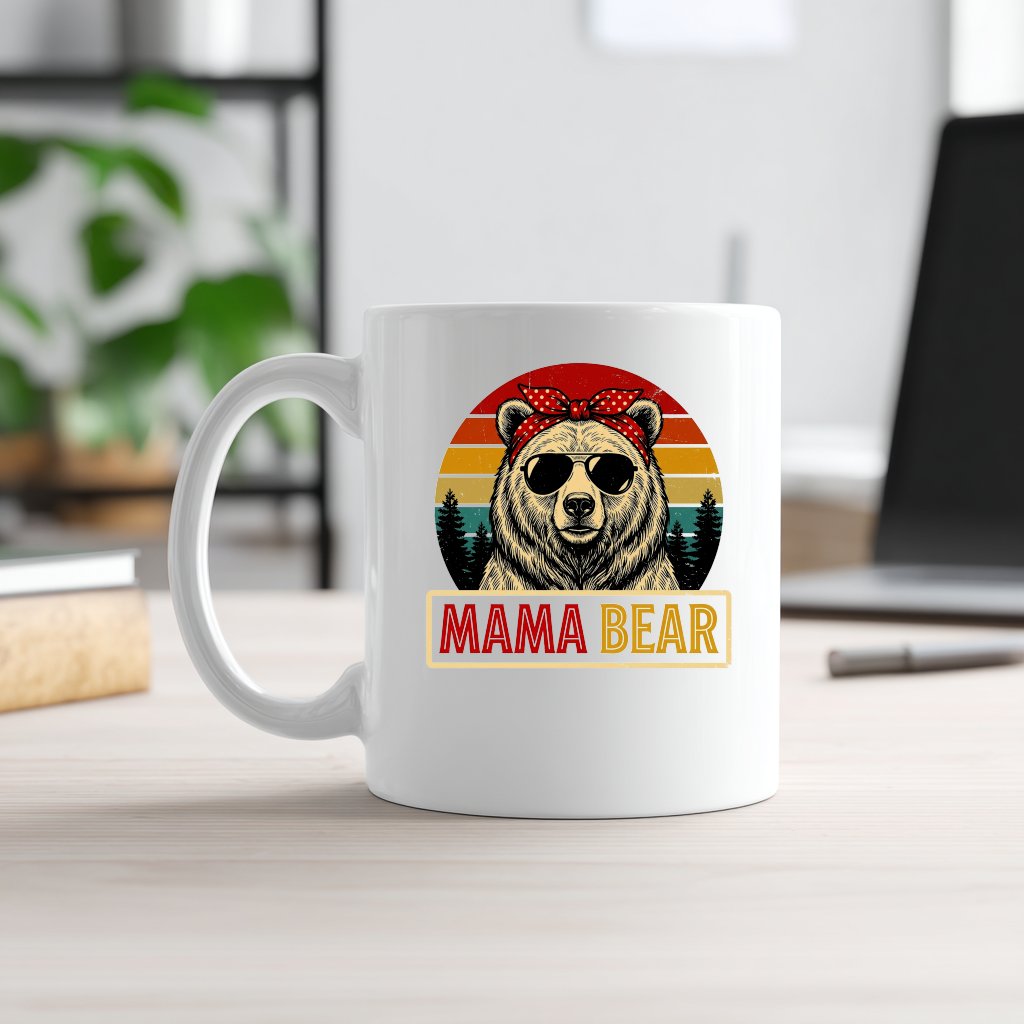 Mama Bear Mug - Vintage Mama Bear With Sunglasses and Polka Dot Bow White Coffee Mug - Cute Mother's Day Gift for women - front view