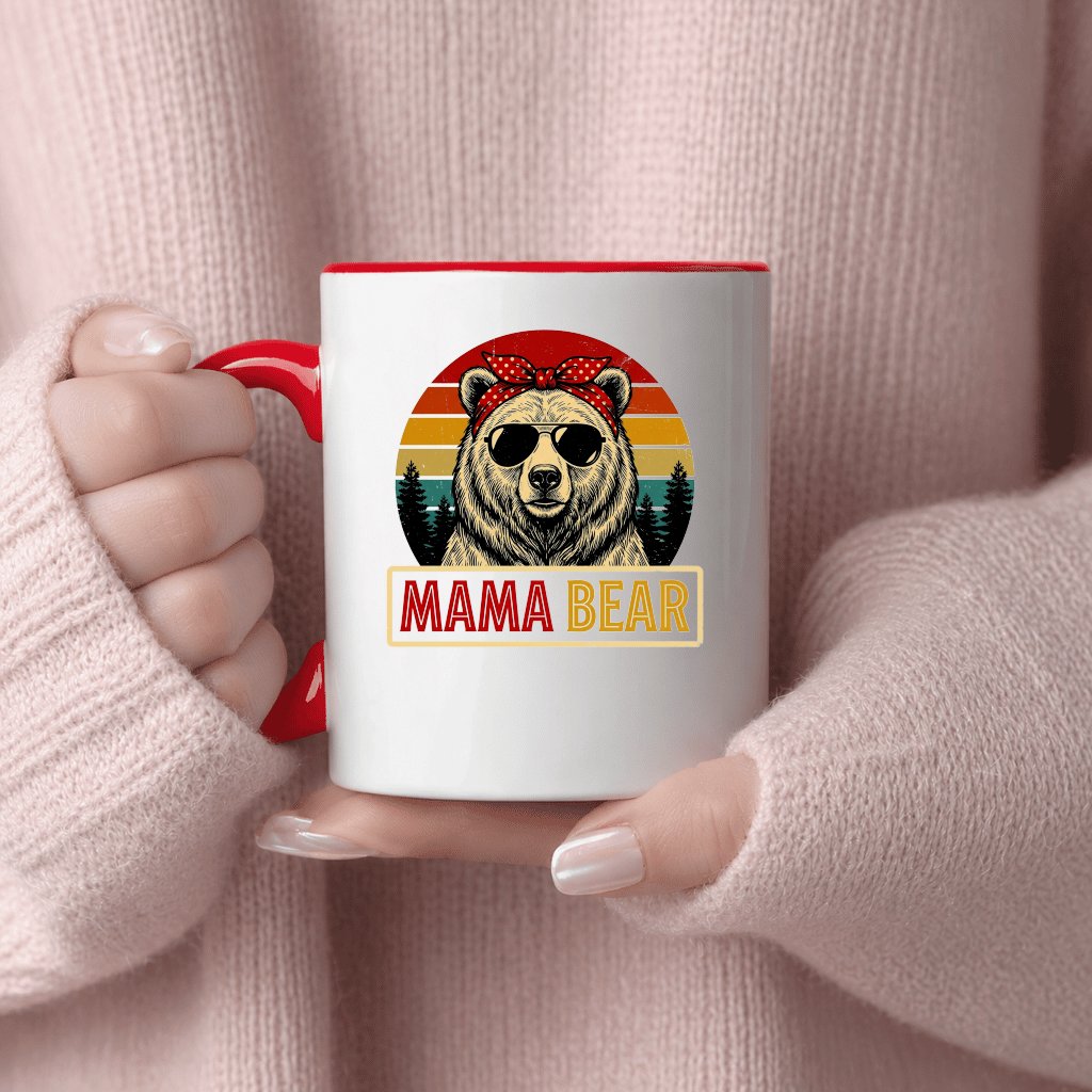 Mama Bear Accent Mug - Vintage Mama Bear With Sunglasses and Polka Dot Bow Mug - Cute Mother's Day Gift for women - detail view
