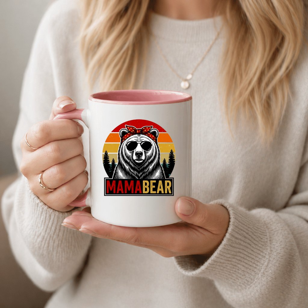 Retro Mama Bear Accent Mug - Cute Mama Bear with Sunset Vibes Graphic Mug - Ideal Mother's Day Gift for women - back view