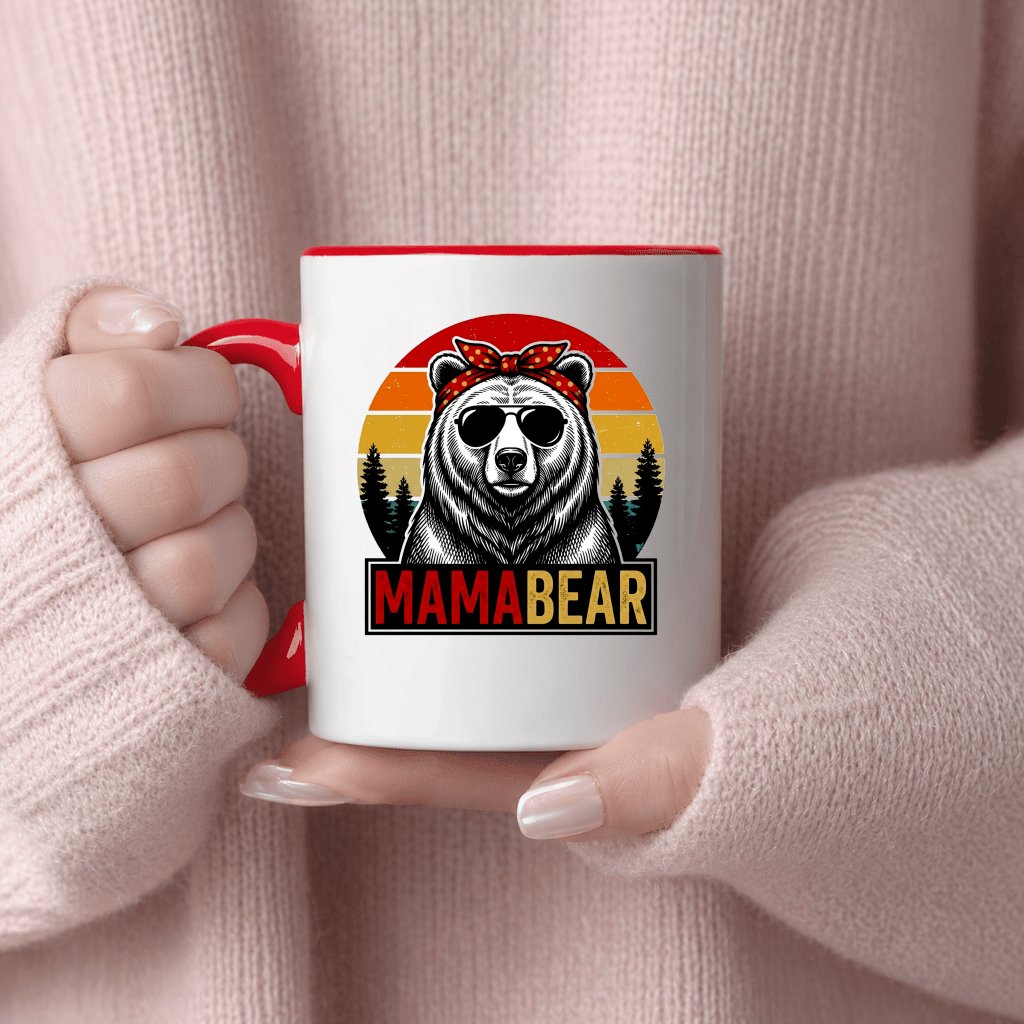 Retro Mama Bear Accent Mug - Cute Mama Bear with Sunset Vibes Graphic Mug - Ideal Mother's Day Gift for women - detail view