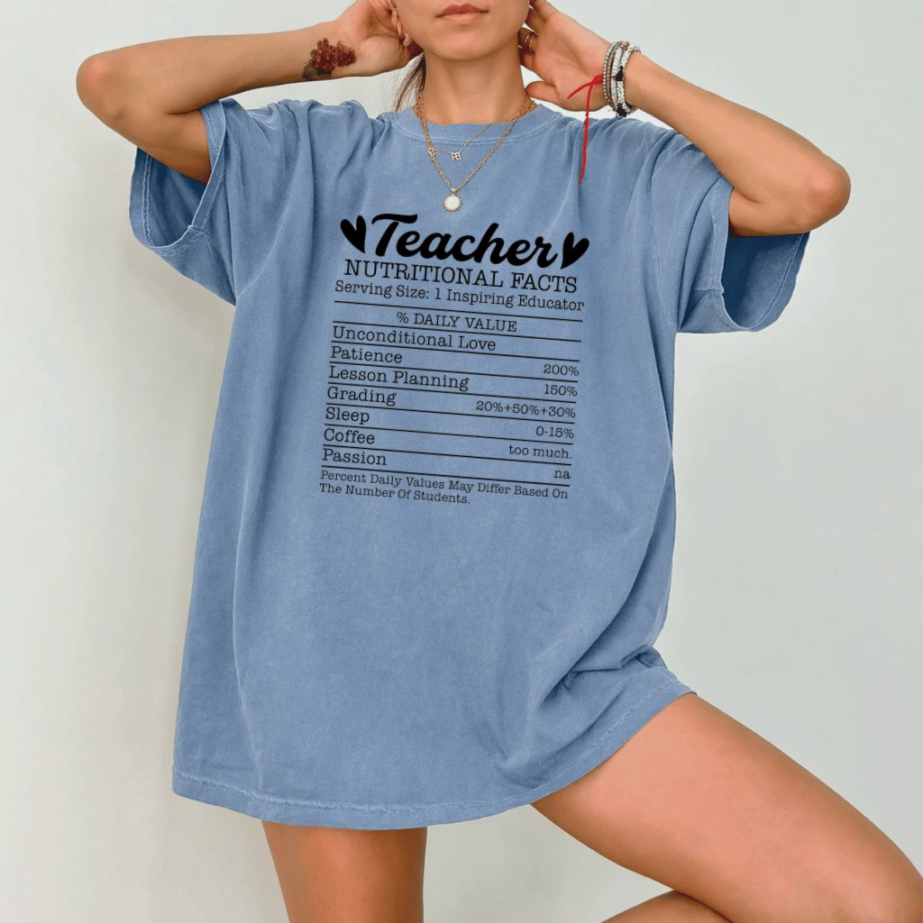 Comfort Colors Teacher Nutrition Facts Shirt - Funny Back to School Gift for Teachers & Students - detail view