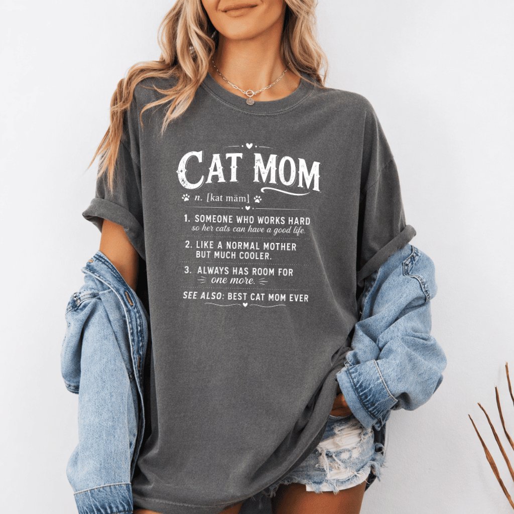 Comfort Colors Cat Mom Definition Shirt - Funny Mother's Day Gift for Cat Lovers - detail view