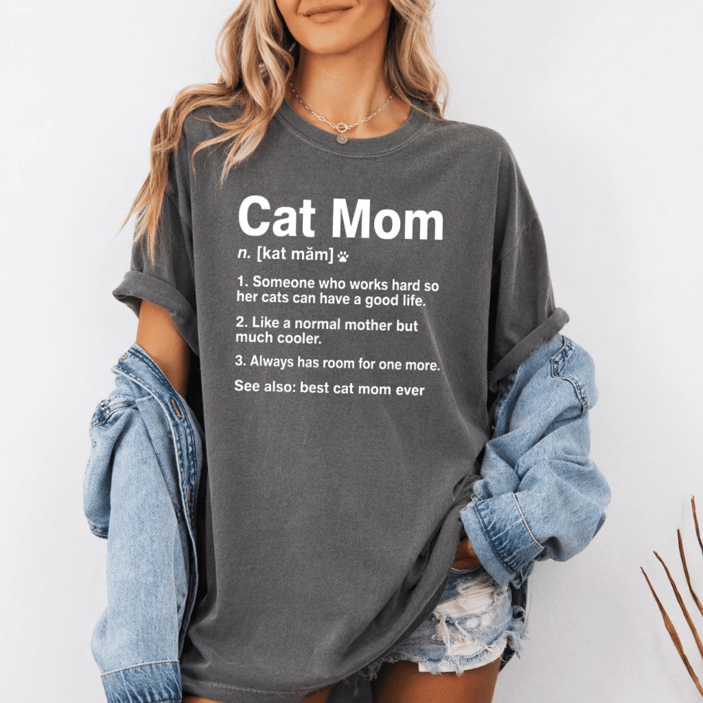 Comfort Colors Funny Cat Mom Shirt - Cat Mom Definition Shirt - Mother's Day Gift for Cat Lovers - detail view