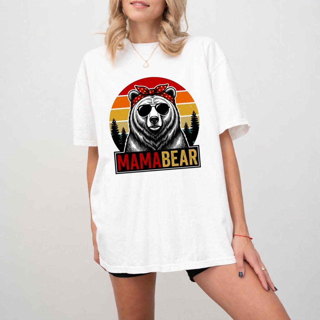 Comfort Colors Retro Mama Bear Shirt - Cute Mama Bear with Sunset Vibes Graphic Shirt - Ideal Mother's Day Gift for women - detail view