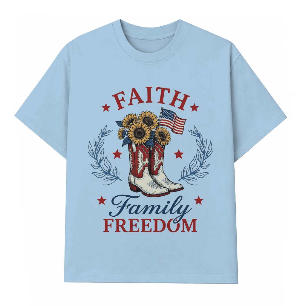 Faith Family Freedom T-Shirt for women - 4th of July Sunflowers Cowgirl Boots Shirt - Cute USA Independence Day Gift for women - front view