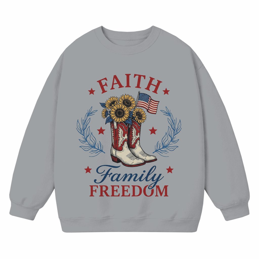 Faith Family Freedom Sweatshirt for women - 4th of July Sunflowers Cowgirl Boots Shirt - Cute USA Independence Day Gift for women - front view