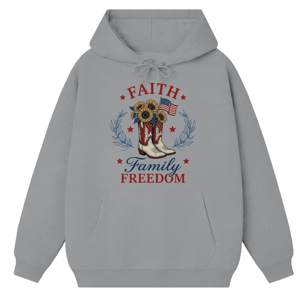 Faith Family Freedom Hoodie for women - 4th of July Sunflowers Cowgirl Boots Shirt - Cute USA Independence Day Gift for women - front view