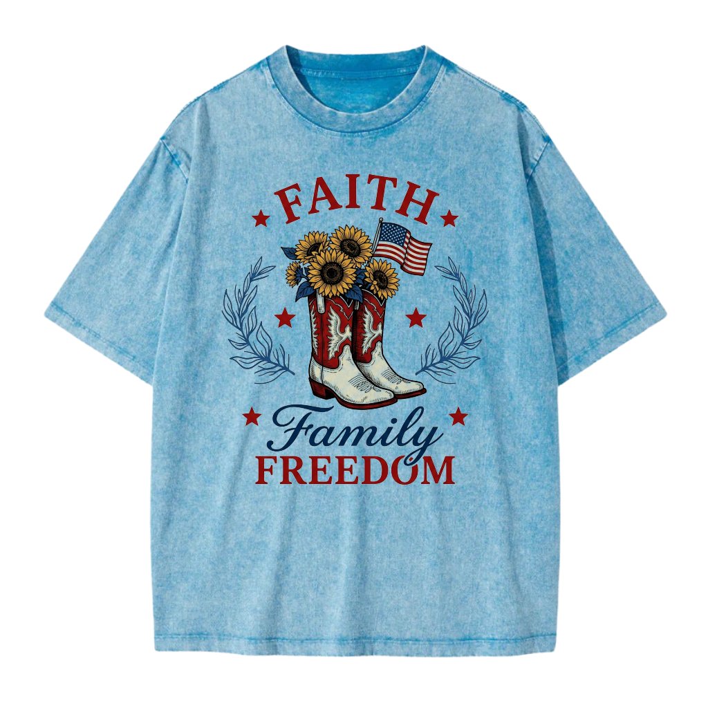 Faith Family Freedom Wash Tee for women - 4th of July Sunflowers Cowgirl Boots Shirt - Cute USA Independence Day Gift for women - front view