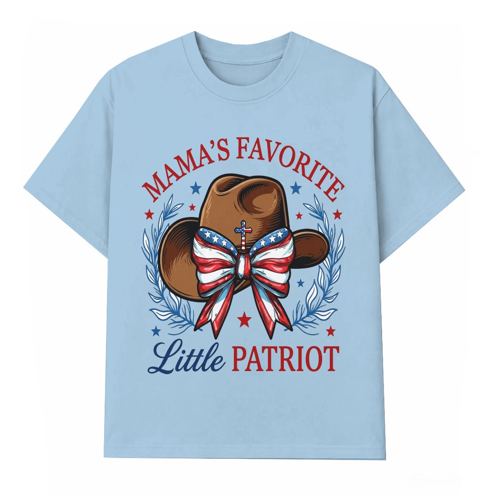 Mama's Favorite Little Patriot T-Shirt for women - 4th of July USA Flag Cowgirl Hat Shirt - Patriotic Gift for women - front view