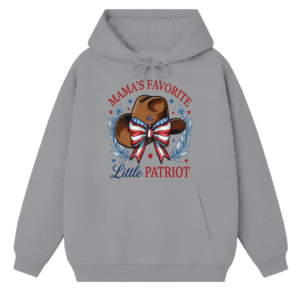 Mama's Favorite Little Patriot Hoodie for women - 4th of July USA Flag Cowgirl Hat Shirt - Patriotic Gift for women - front view