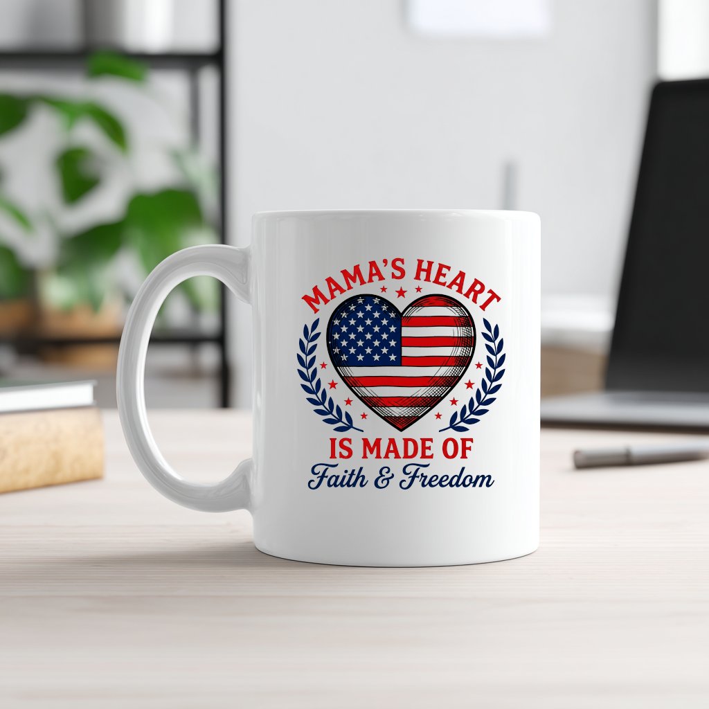 Mama's Heart Is Made Of Faith & Freedom White Mug - 4th of July USA Flag Heart Mug - Cute Patriotic Gift for Mama - front view