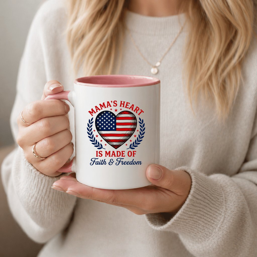 Mama's Heart Is Made Of Faith & Freedom Accent Mug - 4th of July USA Flag Heart Mug - Cute Patriotic Gift for Mama - back view