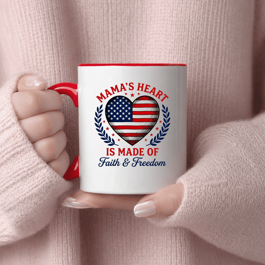 Mama's Heart Is Made Of Faith & Freedom Accent Mug - 4th of July USA Flag Heart Mug - Cute Patriotic Gift for Mama - detail view