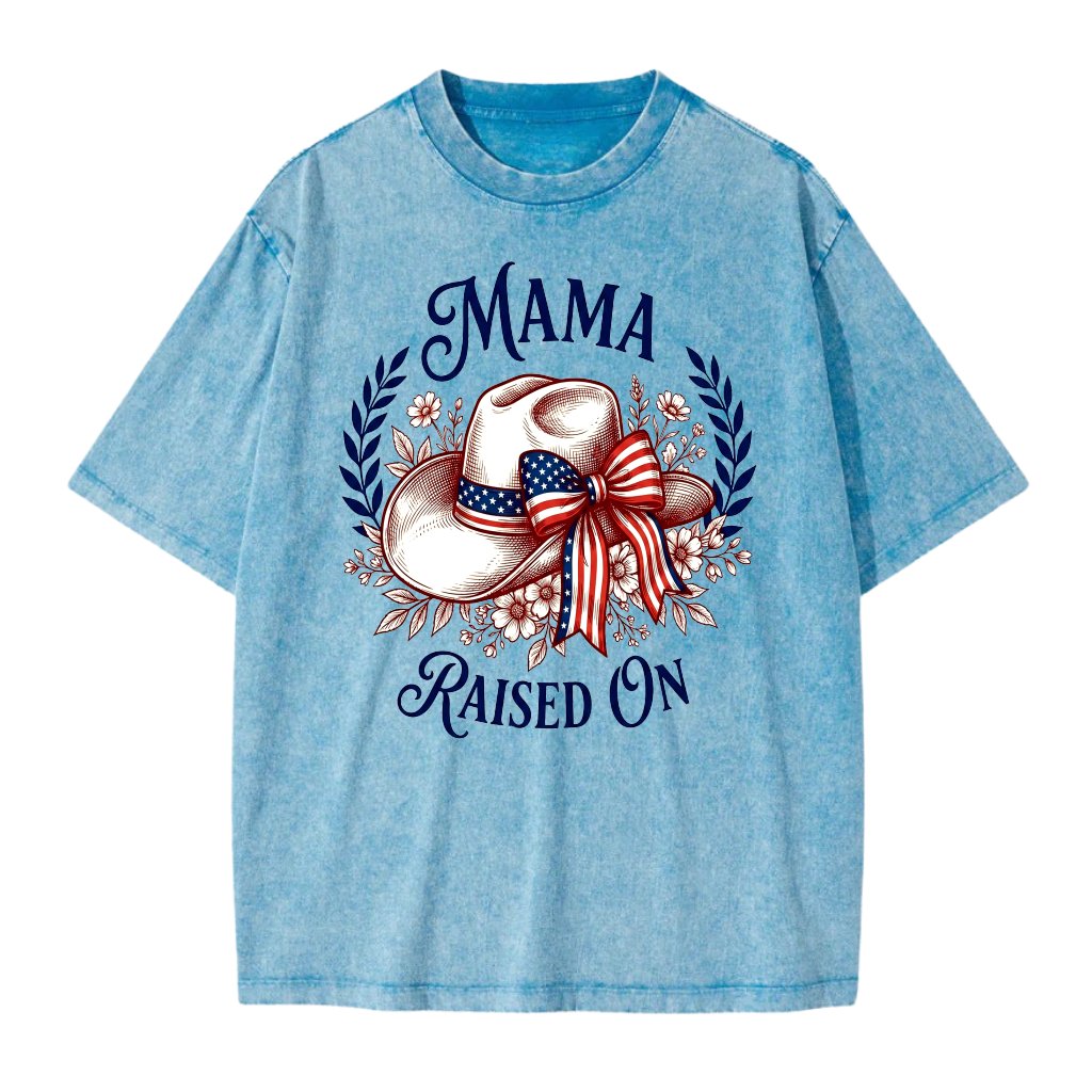Mama Raised On American Freedom Wash Tee for women - USA Flag Coquette Cowgirl Hat Shirt - Cute Patriotic Gift for Mom - front view